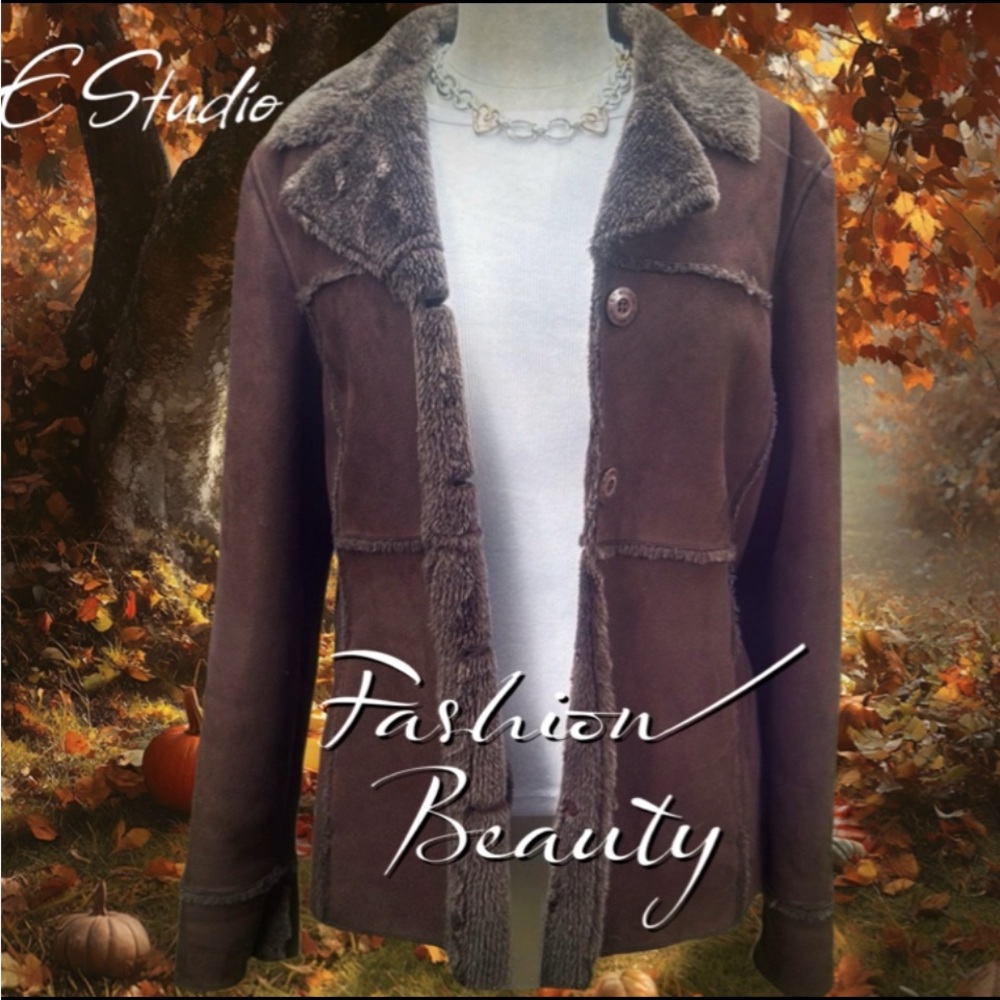 E STUDIO RETRO 70s VIBE FAUX SUEDE / LEATHER RICH BROWN FLEECE JACKET - XL- 🔥🧥